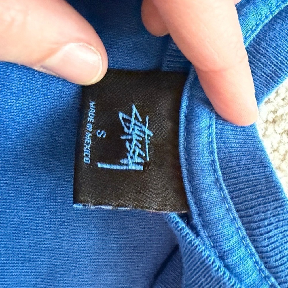 Stussy‎ Solid Long Sleeve Tshirt Mens S Blue Crewneck Plain Streetwear Blank - Picture 3 of 5
